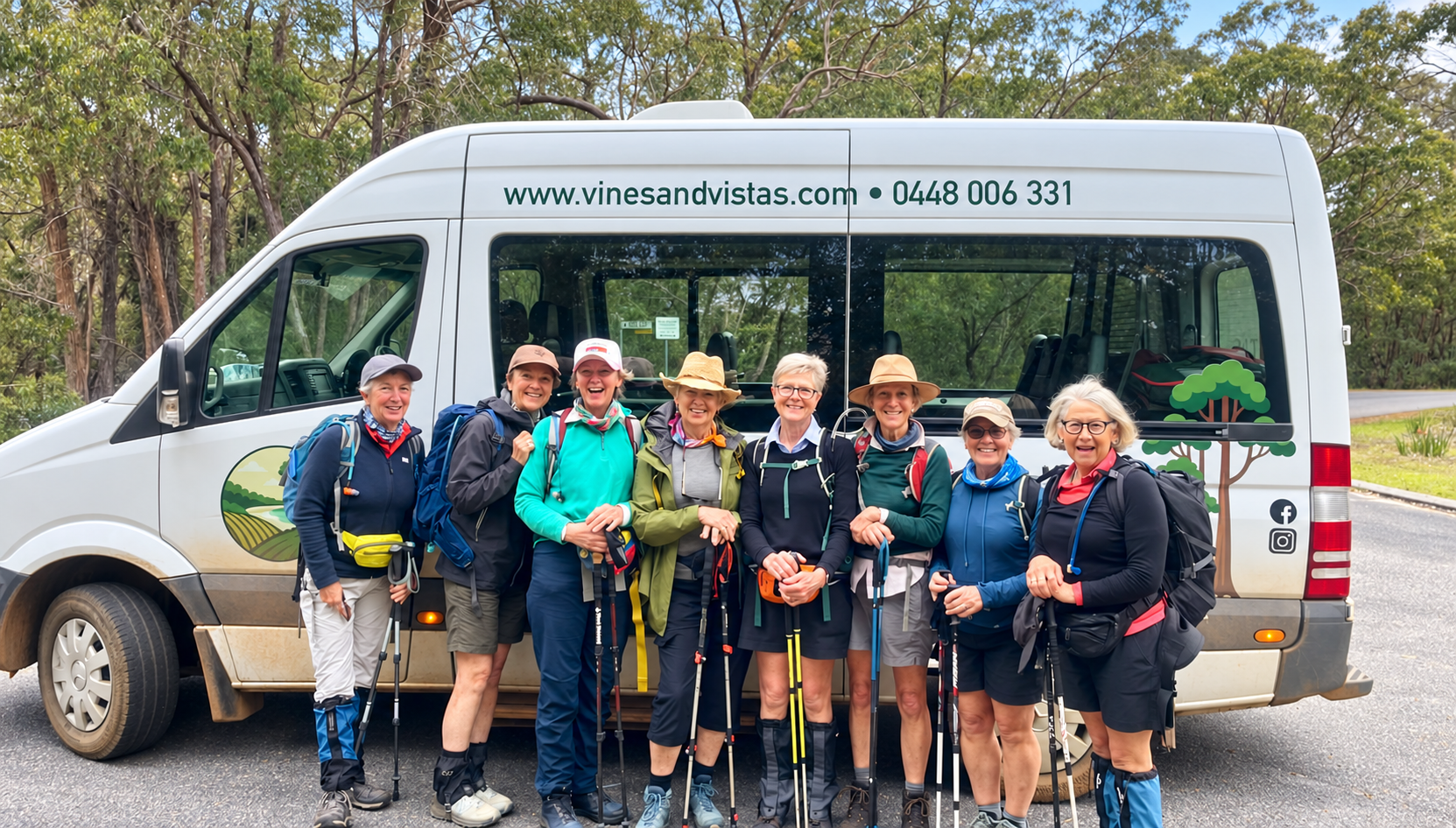 Walking group ready for a Vines and Vistas trail transfer
