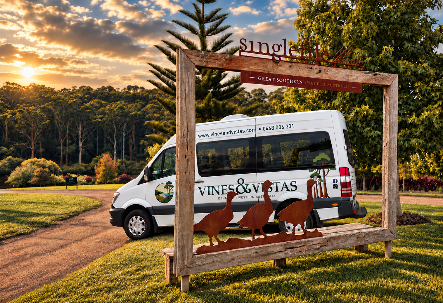 Vines and Vistas private wine tour van at Singlefile Wines in Denmark, Western Australia